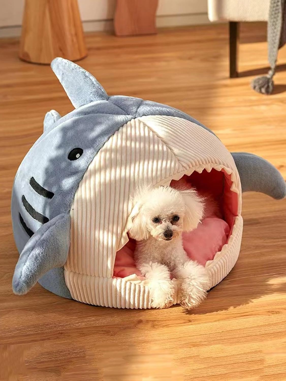 Cat Mat Shark-Shaped Kennel Kitten Bed Hideout House Warm Soft Comfortable Semi-Closed Cat Dog Nest Blue S