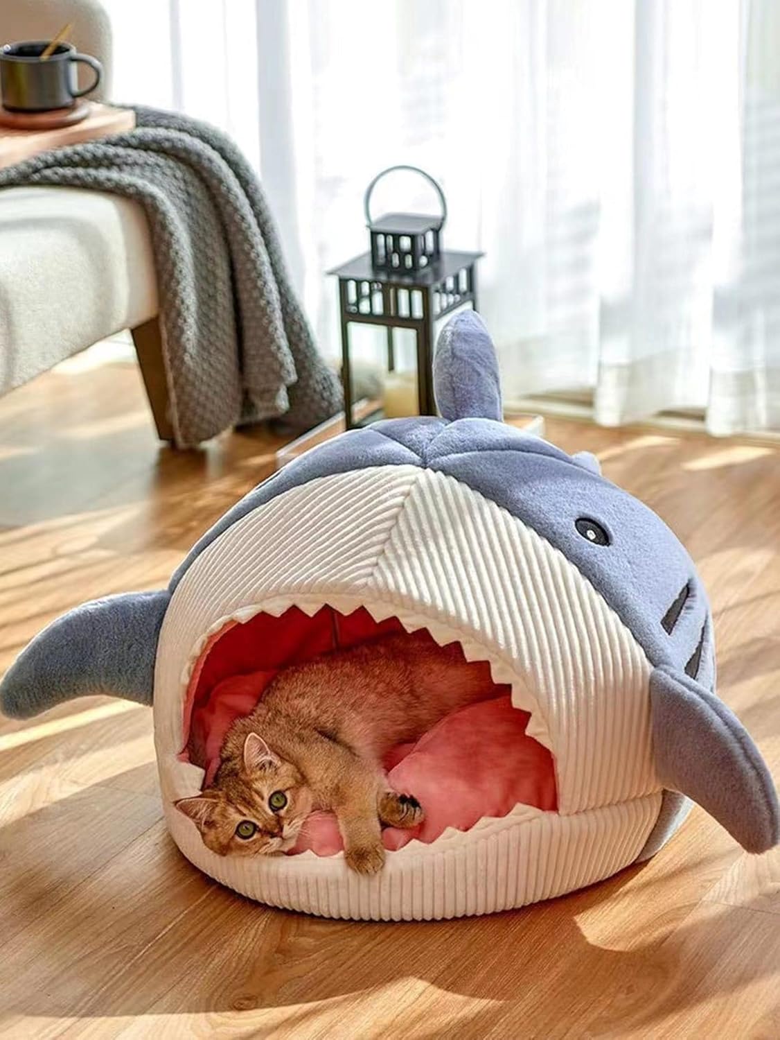 Cat Mat Shark-Shaped Kennel Kitten Bed Hideout House Warm Soft Comfortable Semi-Closed Cat Dog Nest Blue S