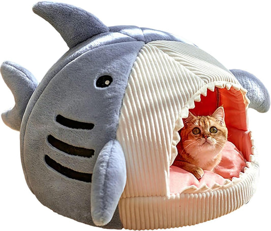 Cat Mat Shark-Shaped Kennel Kitten Bed Hideout House Warm Soft Comfortable Semi-Closed Cat Dog Nest Blue S