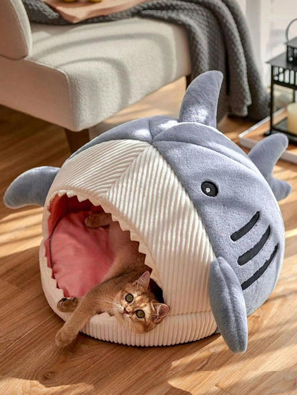 Cat Mat Shark-Shaped Kennel Kitten Bed Hideout House Warm Soft Comfortable Semi-Closed Cat Dog Nest Blue S