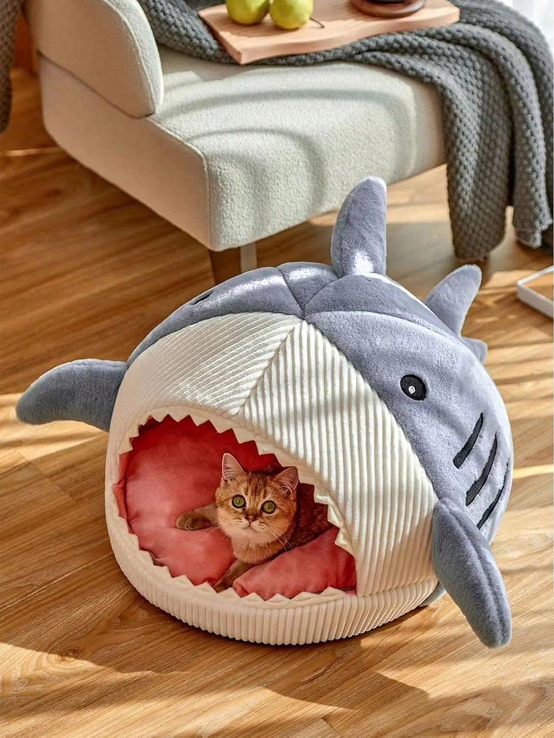 Cat Mat Shark-Shaped Kennel Kitten Bed Hideout House Warm Soft Comfortable Semi-Closed Cat Dog Nest Blue S